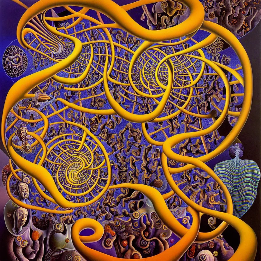 Prompt: strange loop of consciousness, recursion, fractals, surreal, by salvador dali and mc escher and alex grey, oil on canvas, weird, dreams, fantasy, intricate details, soft lighting, warm colors