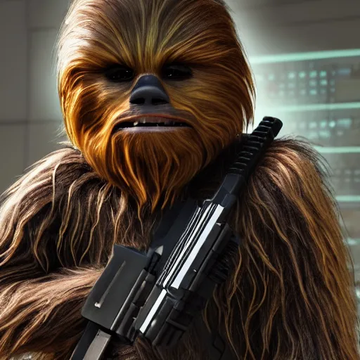 Image similar to Chewbacca in Call of Duty, highly detailed, high quality, HD, 4k, 8k, Canon 300mm, professional photographer, 40mp, lifelike, top-rated, award winning, realistic, sharp, no blur, edited, corrected, trending