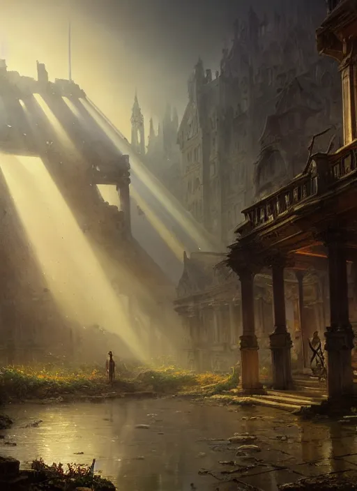 Image similar to the ruins of a once great city, mist, sunrays, dust in the air, dnd character, unreal engine, octane render, dramatic lighting, pond, digital art, by stanley artgerm lau, greg rutkowski, thomas kindkade, alphonse mucha, loish, norman rockwell,