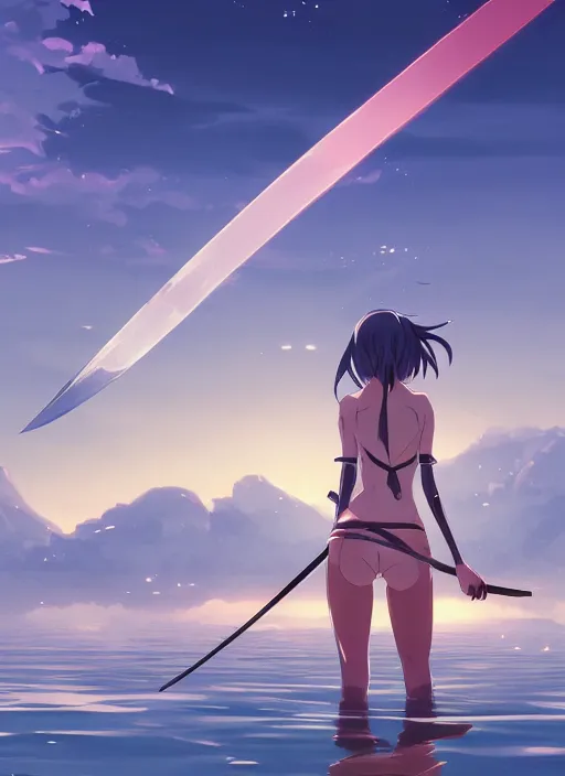 Prompt: anime girl with a katana walking on water, ripples, backdrop of dawn, backshot, saturn in the background, low angled illustration from demon slayer, concept art, anime, key visual, trending pixiv fanbox by wlop and greg rutkowski and makoto shinkai and studio ghibli