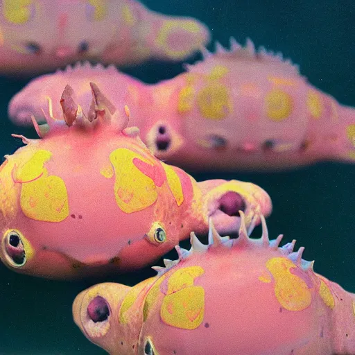 Prompt: photo of a blobfishnudibranch kaiju being escorted by a fleet of zeppelins, cinematic 3 5 mm film grain vhs copy