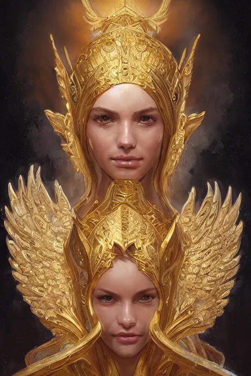 Image similar to portrait of a young beautiful Saint Celestine, intricate golden armor with angel wings, Warhammer 40k-inspired, fantasy, intricate, beautiful eyes, realistic face, cinematic lighting, highly detailed, digital painting, Artstation, concept art, smooth, sharp focus, illustration, art by Artgerm and Greg Rutkowski and Alphonse Mucha