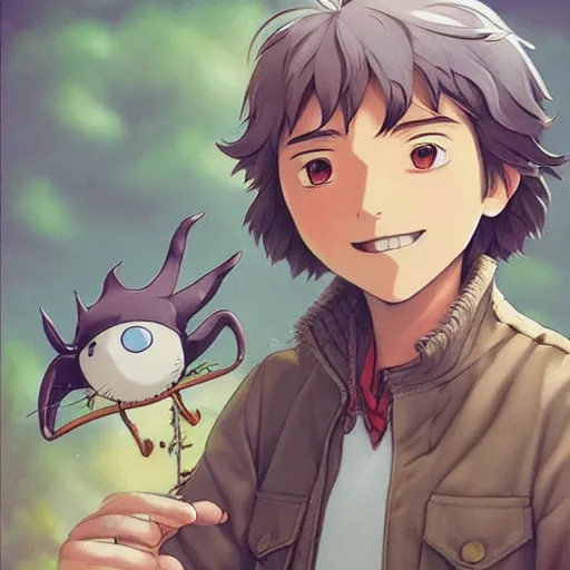 Prompt: Guy with slight smile and small creature, made by Studio Ghibli highly detailed art, beautiful scene, artstation trenidng, sharp focus, smooth, artgerm