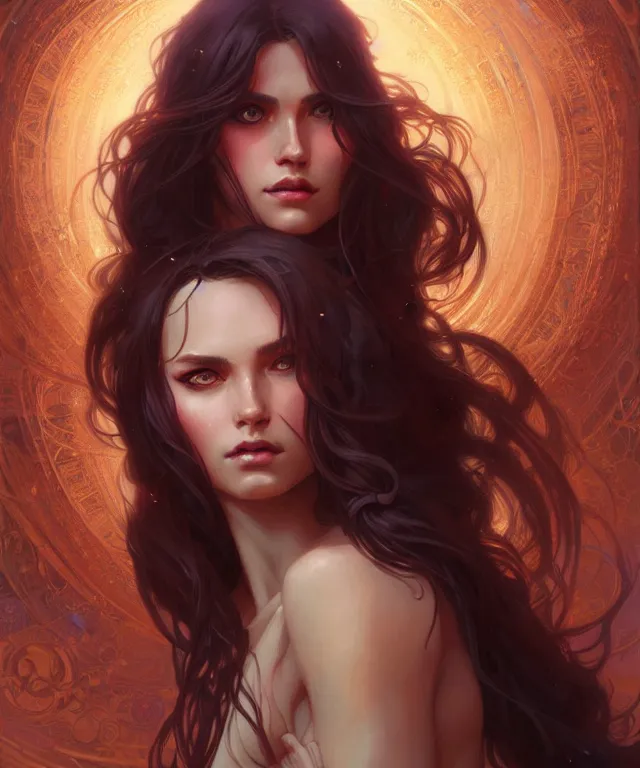 Image similar to fantasy magic woman portrait, sci-fi, amber eyes, face, long hair, fantasy, intricate, elegant, highly detailed, digital painting, artstation, concept art, smooth, sharp focus, illustration, art by artgerm and greg rutkowski and alphonse mucha