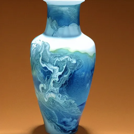 Prompt: realistic! Porcelain vase with detailed imagery of the coming of god