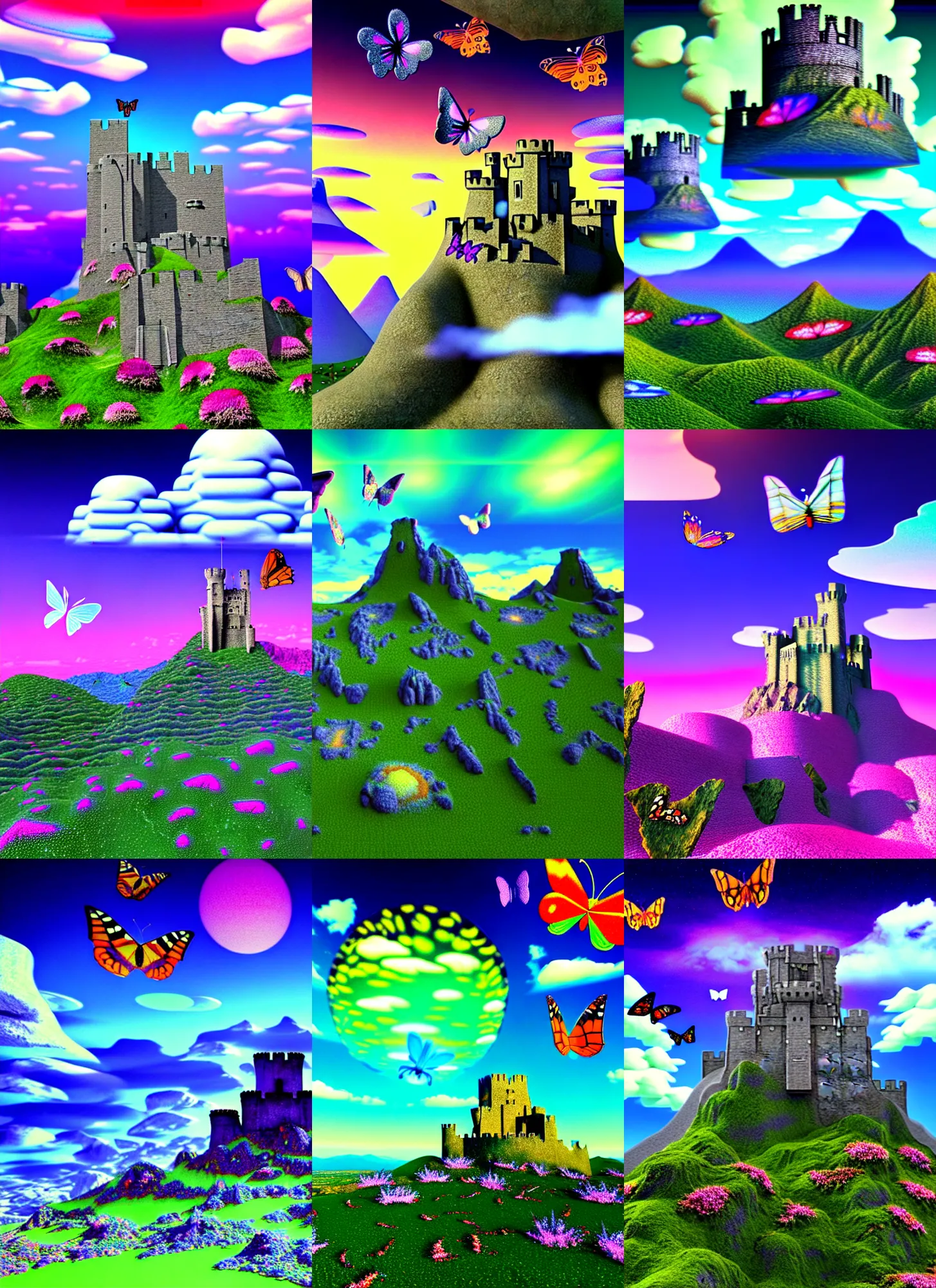 Prompt: 3 d render of cybernetic mountain landscape with 3 d cgi castle ruins and butterflies in the sky against a psychedelic surreal sky cloud background with 3 d butterflies and 3 d flowers n the style of 1 9 9 0's cg graphics, lsd dream emulator, 3 d rendered y 2 k aesthetic by ichiro tanida, 3 do magazine, wide shot
