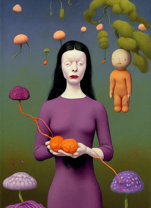 Image similar to Louise from Bob's Burgers eats of the Strangling Fruit and Her polyp blossoms bring iridescent fungal flowers whose spores black the foolish stars wearing a mycelium knit gown, Edward Hopper and James Gilleard, Zdzislaw Beksinski, Mark Ryden, Wolfgang Lettl highly detailed, hints of Yayoi Kasuma, Odilon Redon. Drexler