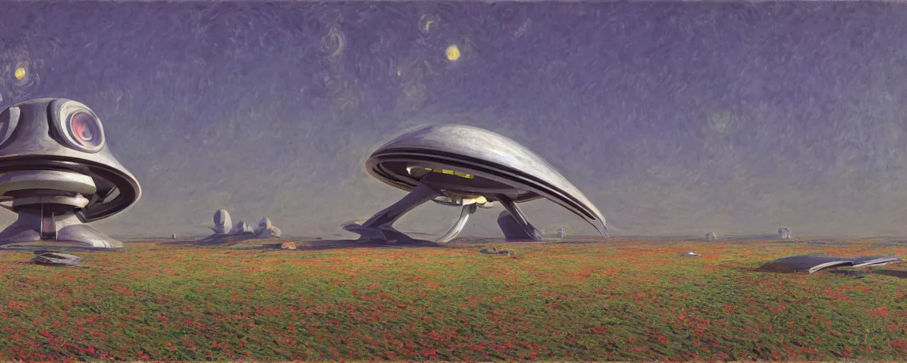 Image similar to Alien Spaceship designed by syd mead, by Simon Stålenhag and Claude Monet, oil on canvas