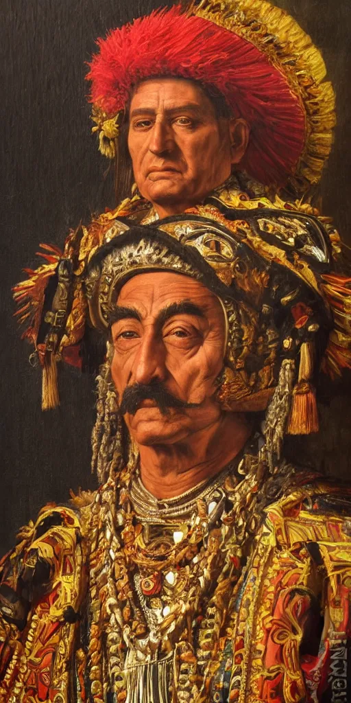 Image similar to Highly detailed and cinematic Renaissance period portrait oil painting of the Aztec emperor Montezuma!! an oil painting ((masterpiece)) by ((Josep Tapiró Baró)), dynamic lighting, 8K, Aztec!!