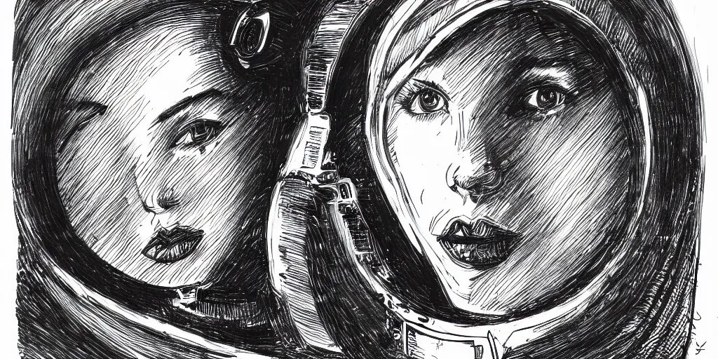 Image similar to ink lineart drawing of a beautiful young woman wearing a space helmet, dark lips, round eyes, space background, artstation, etchings by goya, chinese brush pen, illustration, high contrast, deep black tones contour