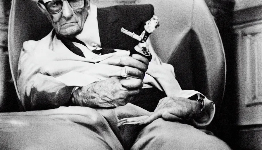 Prompt: 60s movie still portrait of Josip Broz Tito chilling in a armchair smoking cigar, cinestill 800t 35mm black and white, cinematic, very detailed, skin texture, high quality