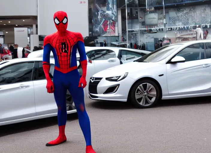 Image similar to spiderman stand next to opel sedan