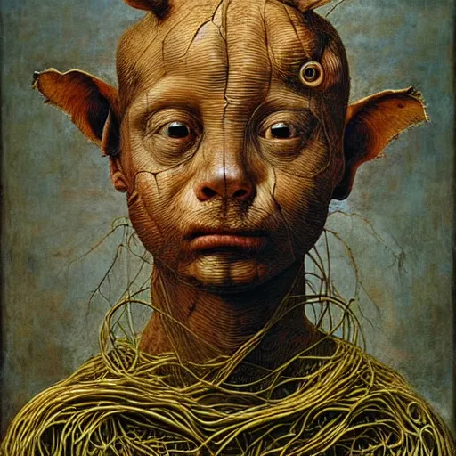 Prompt: half boy half rhino made of spaghetti, by giuseppe arcimboldo and ambrosius benson, renaissance, intricate and wet oil paint, a touch of beksinski, realistic, zoomed out, full figure