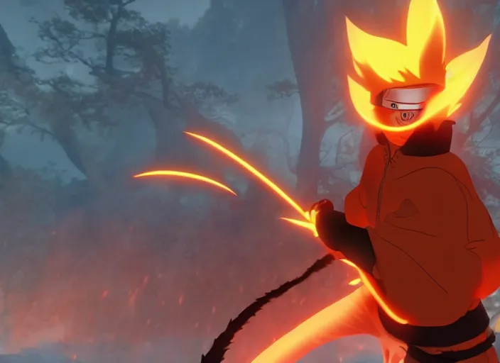 Image similar to naruto and the nine tails on the battlefield, ultra realistic 4 k unreal engine very cinematic render with ray tracing bloom ambient occlusion strong reflections depth of field fog