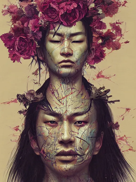 Image similar to art portrait of samurai with flowers for eyes,by tristan eaton,Stanley Artgermm,Tom Bagshaw,Greg Rutkowski,Carne Griffiths,trending on DeviantArt,face enhance,chillwave,minimalist,cybernetic, android, blade runner,full of colour,