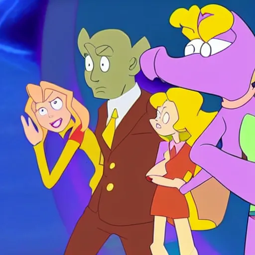 Image similar to courage the cowardly dog meets totally spies, crossover, cartoon, still from cartoon network