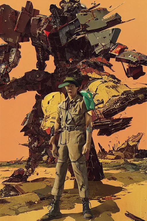 Prompt: full page illustration, a proud hunter wearing a pith hat sitting in front of the big gundam destroyed, by jean giraud, Katsuhiro Otomo, Geof Darrow, Phil hale, Ashley wood, Ilya repin, frank frazetta8k, hd, high resolution