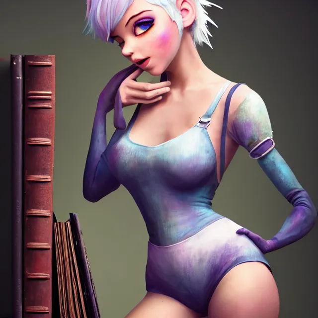 Image similar to full body pose, beautiful adult fairy, pixar, short white hair shaved sides, dirty, grungy, grunge, long sleeve, painted overalls, stacks of giant books, highly detailed, 4 k, hdr, smooth, sharp focus, high resolution, award - winning photo, artgerm, photorealistic