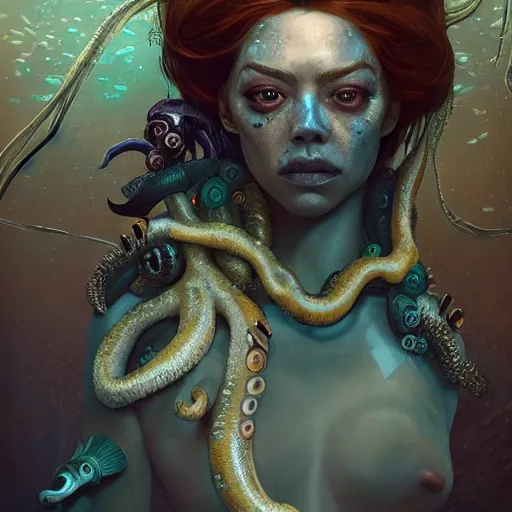 Image similar to underwater biopunk pirate portrait of emma stone, octopus, hyper detailed, digital art, trending in artstation, cinematic lighting, studio quality, smooth render, unreal engine 5 rendered, octane rendered, art style by klimt and nixeu and ian sprigger and wlop and krenz cushart.