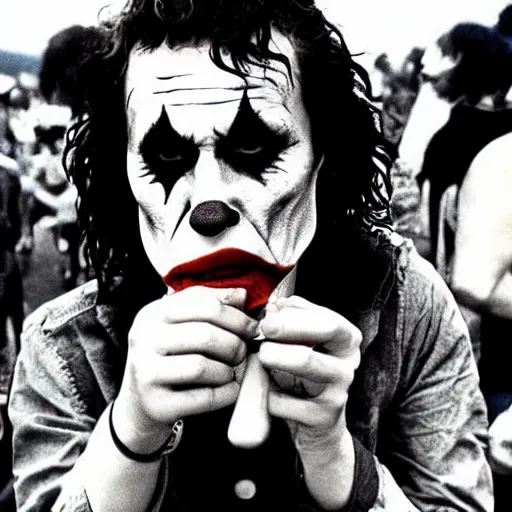 Image similar to photograph of the joker smoking a bong at woodstock, circa 1 9 6 9