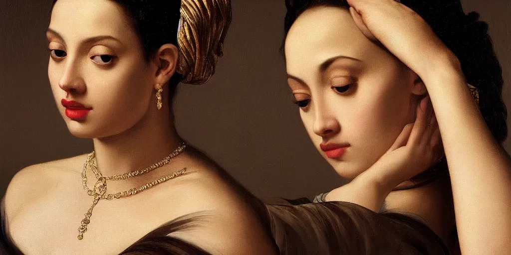 Image similar to beautiful oil matte portrait painting, women with gold skin showered with diamonds, wonderful masterpiece highly detailed, beautiful cinematic light deep focus, elegant, digital painting, smooth, sharp focus, golden ratio, dramatic illumination, ultra realistic, 8 k, art by artemisia lomi gentileschi and caravaggio