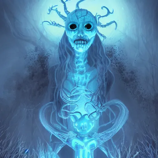 Prompt: night hag with glowing cold blue eyes, eldritch horror fantasy, cinematic, digital art, 8 k, artstation