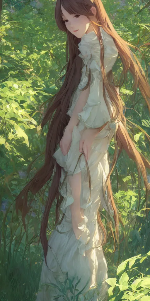 Image similar to a digital art of a loli with long hair in a dress in the privet garden at after noon, green and warm theme, back lighting, by krenz cushart and mucha and akihito yoshida and greg rutkowski and makoto shinkai, extremely long shot, detailed eyes, 4 k resolution, trending on art station