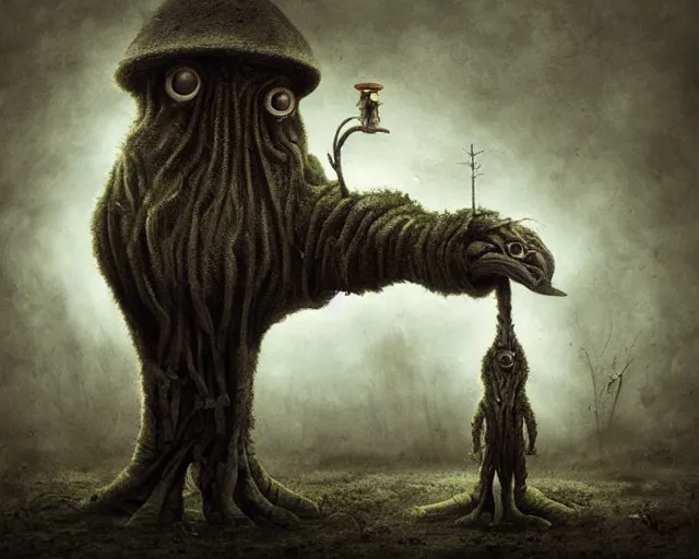 Image similar to a surreal painting of a bizarre otherworldly creature standing in a small eerie village, by anton semenov