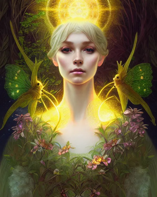 Image similar to symmetry portrait of moss princess, glam, fae, fireflies, forest background, intricate, elegant, highly detailed, digital painting, artstation, concept art, smooth, sharp focus, illustration, art by artgerm and greg rutkowski and fra angelico and alphons mucha