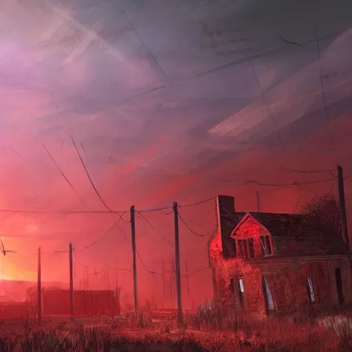 Image similar to photo of abandoned town, red sky, glowing red sun, concept art