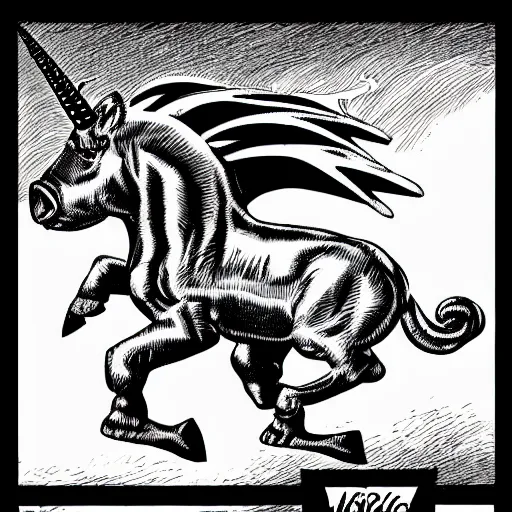 Image similar to winged flying pig with unicorn horn richard corben style black and white