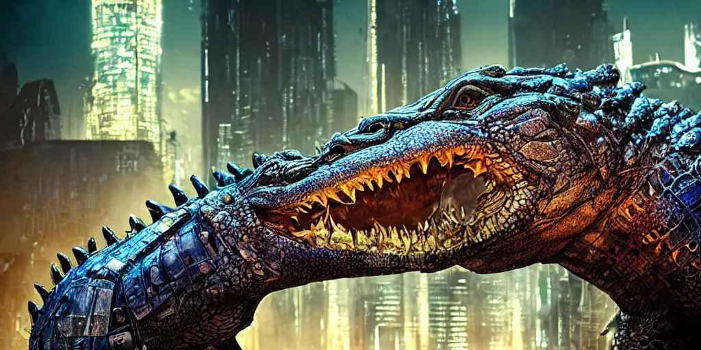 Image similar to a cyberpunk alligator creature closeup, fallout 5, studio lighting, deep colors, apocalyptic setting, vertically mirrored city in background