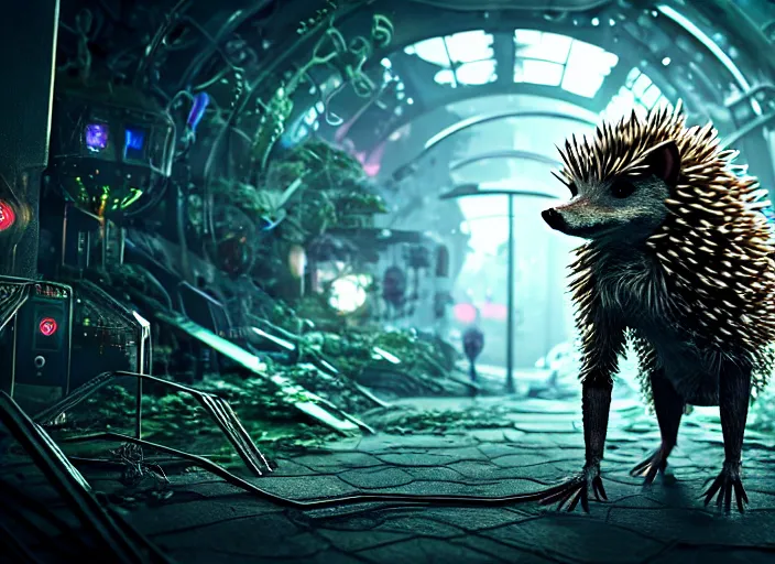 Prompt: portrait of a intricate humanoid hedgehog terminator, on the background of a weird magical mechanical forest. Very detailed 8k. Fantasy cyberpunk horror. Sharp. Cinematic post-processing. Unreal engine. Nanite. Ray tracing. Parallax. Tessellation