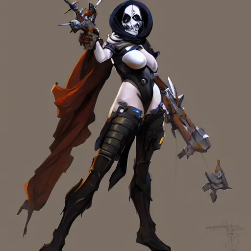 Image similar to greg manchess portrait painting of partially armored lady death as overwatch character, medium shot, asymmetrical, profile picture, organic painting, sunny day, matte painting, bold shapes, hard edges, street art, trending on artstation, by huang guangjian and gil elvgren and sachin teng