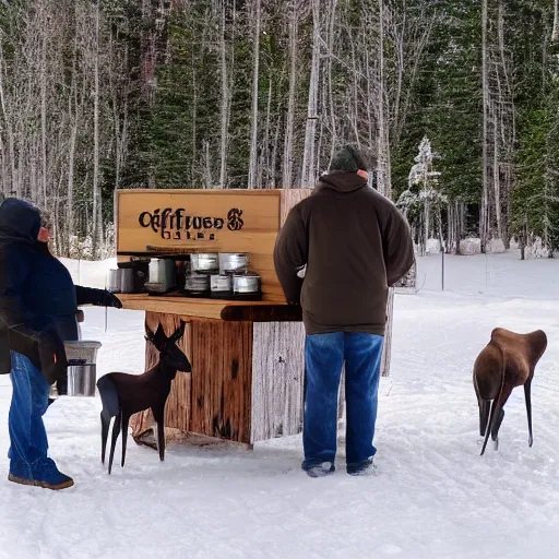 Image similar to a family of moose selling coffee at a stand in new hampshire, realistic, 8 k