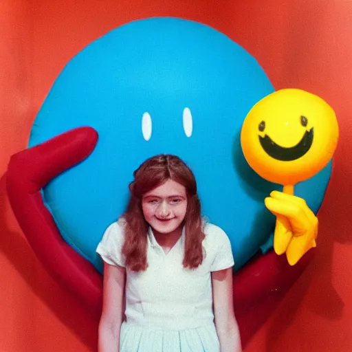 Image similar to teenage girl holds hands with smiley inflatable boyfriend at high school, 1978 color John Waters film, in school hallway, dirty walls, archival footage, technicolor film, 16mm, live action, Fellini, campy