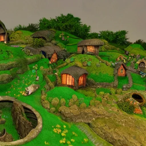 Image similar to the shire, hobbit village. green rolling hills, hobit mounds, hobbit people living life green open world colourful - rated, award winning, realistic, detailed lighting, detailed shadows