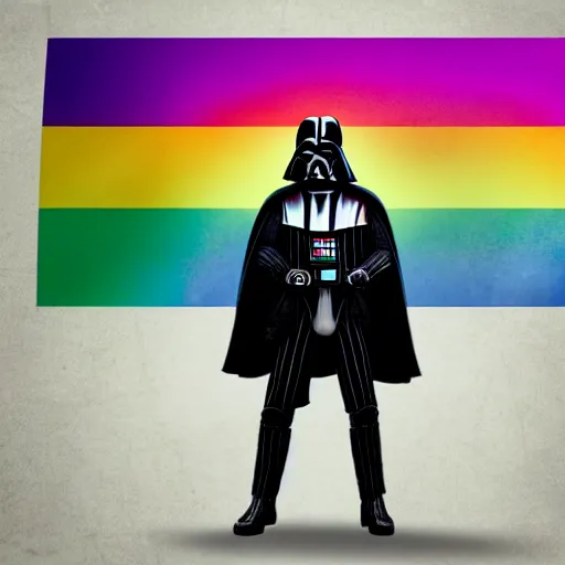 Prompt: photo of darth vader holding a gay pride flag