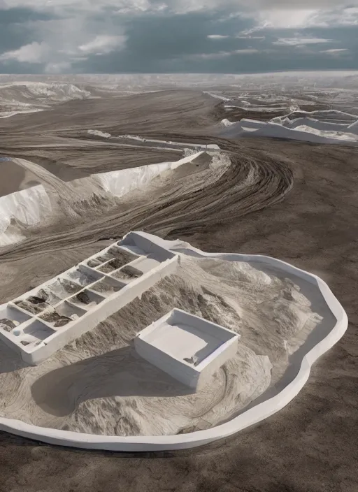 Image similar to bioremediation white architecture, in the mining tailings of chuquicamata, epic, cinematic, hyperealistic, high detailed, corona render, hdr, ray tracing