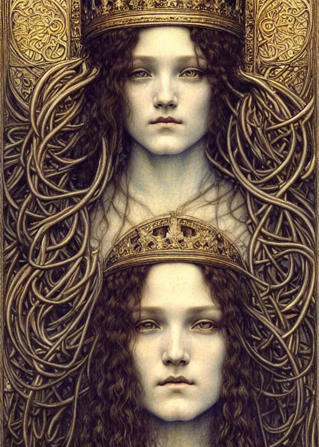 Image similar to detailed realistic beautiful young medieval queen face portrait by jean delville, gustave dore and marco mazzoni, art nouveau, symbolist, visionary, gothic, pre - raphaelite. horizontal symmetry