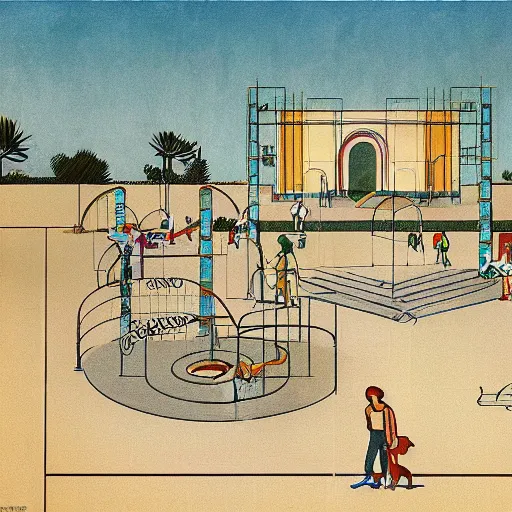 Image similar to a detailed architectural drawing of an art deco playground made for dogs by antonio sant'elia, futurismo