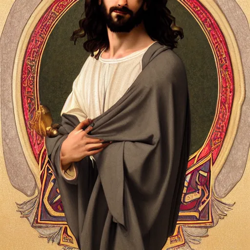 Prompt: a detailed illuminated manuscript of a ridiculously good looking jesus that looks like a jewish gigachad, long curly hair, elegant ancient greek dress, very detailed, coast as the background, beautiful, intricate, cinematic, artstation, william bouguereau, alphonse mucha, greg rutkowski, rossdraws, octane render