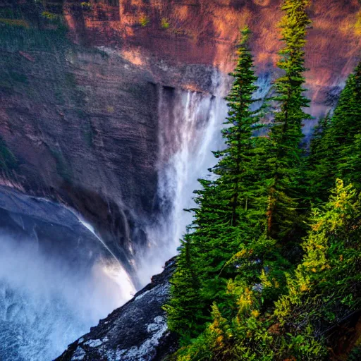 Prompt: helmcken falls, sunset lighting, ultra high definition, realistic, photograph, award winning, nature