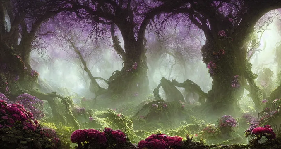 Prompt: a large alien shrine shrouded by mystic nebula magic in a field of flowers, ferdinand knab, breath - taking beautiful trees, streams, flowers, and mist, an aesthetically pleasing, dynamic, energetic, lively, complex, intricate, detailed, well - designed digital art of trees, streams, flowers, and mist, early morning, light and shadow