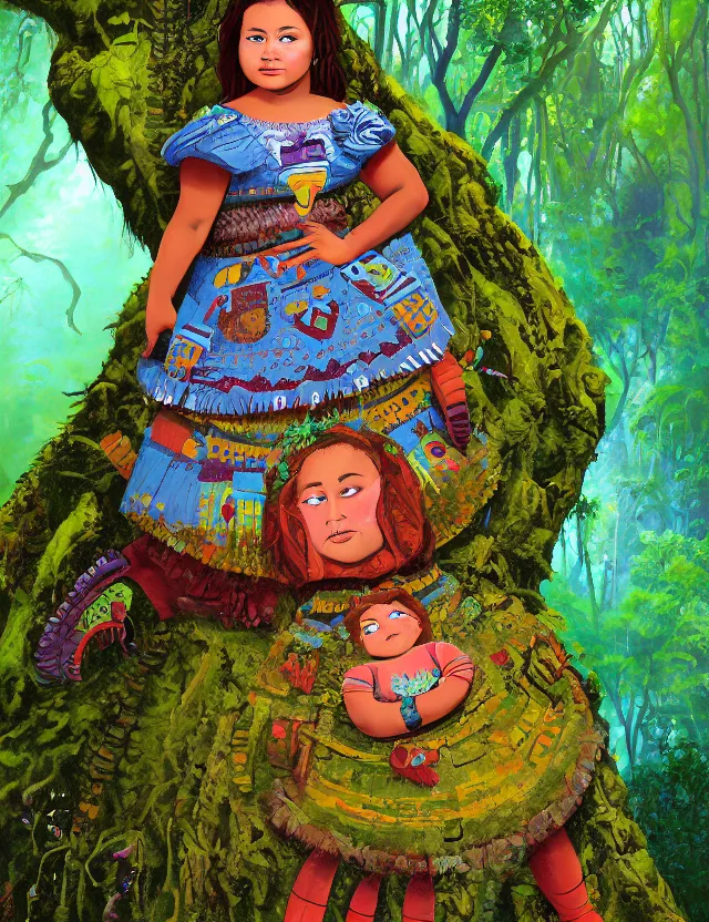 Prompt: plump aztec scifi princess of the lichen rainforest, wearing a lovely dress. this oil painting by the award - winning children's book author has an interesting color scheme, plenty of details and impeccable lighting.