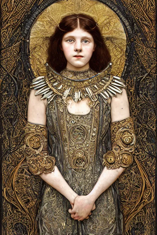 Image similar to a head and torso art nouveau portrait of a 16-year old sun goddess who resembles Anne of Green Gables with a worried, intense gaze and slightly opened mouth, ornate intricate mother-of-pearl battle armor, intricate, elegant, highly detailed, digital painting, artstation, concept art, smooth, sharp focus, illustration, art by John William Waterhouse and Bouguereau and Donato Giancola and alphonse mucha