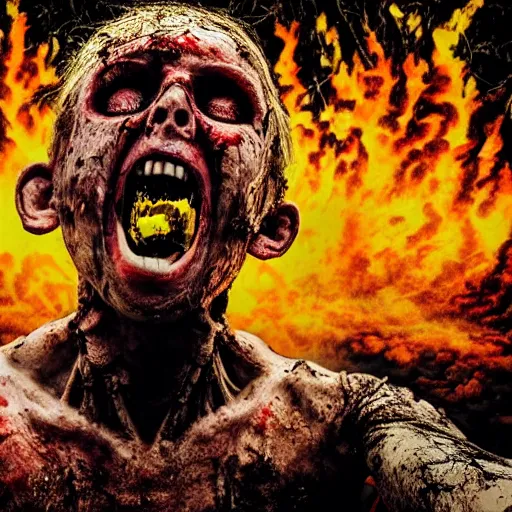 Image similar to selfie of a ukrainian screaming in pain and terrible injuries from a nuclear explosion, everything is on fire and radiation, in the background there are a lot of people like zombies, corpses and skeletons, a large nuclear explosion in the background, people are painted in yellow and blue, all dirty with severed limbs, doomsday