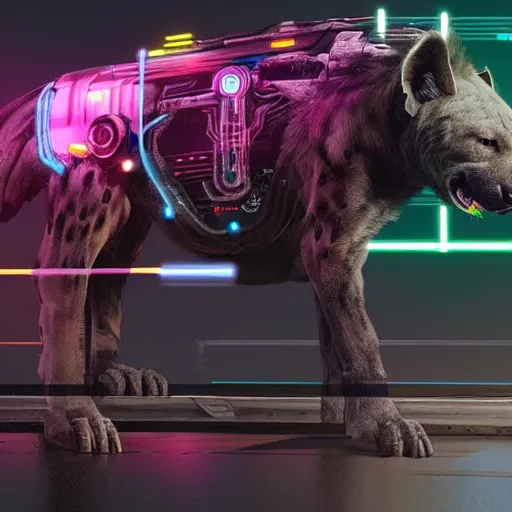 Image similar to cyborg hyena in cyberpunk 2 0 7 7, wires and neon lights, realistic highly detailed video game concept art,