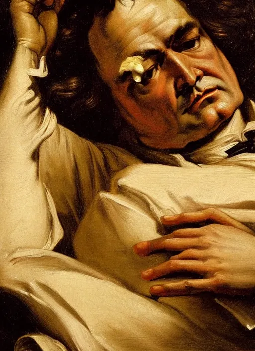 Image similar to highly detailed oil painting | very intricate | cinematic lighting | black, white and gold color scheme, dark background | the beast ludwig van beethoven in meditation | by roberto ferri, by gustav moreau, by singer sargent and klimt, american romanticism, occult art | by austin osman spare, artstation, cgsociety, official art, octane