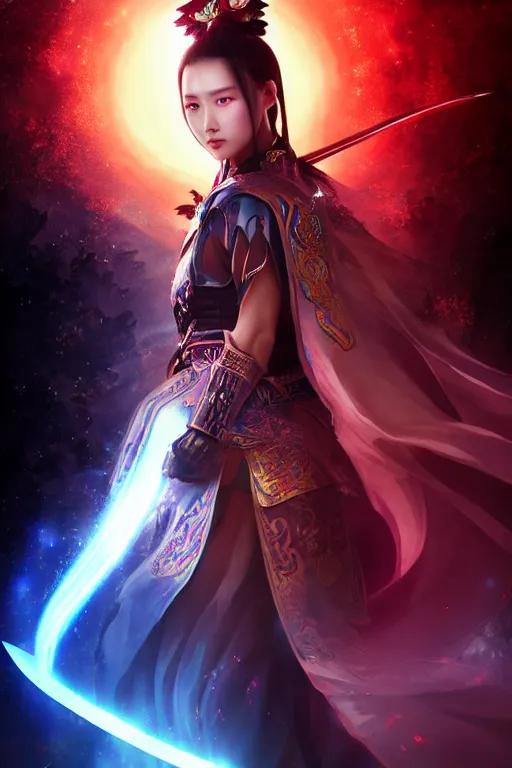 Image similar to beautiful cinematic fantasy poster, wuxia sword dance heroine, beautiful glowing galaxy eyes, hybrid from Dynasty Warriror and art direction by tian zi, WLOP, Darius Zawadzki cinematic quality character render; low angle; ultra high quality model; production quality cinema model;